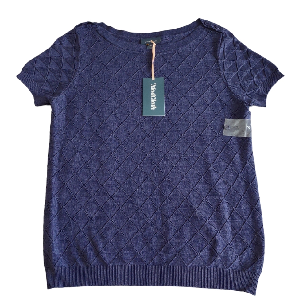 NWT ModCloth Size Medium Blue Short Sleeve Open Knit Top